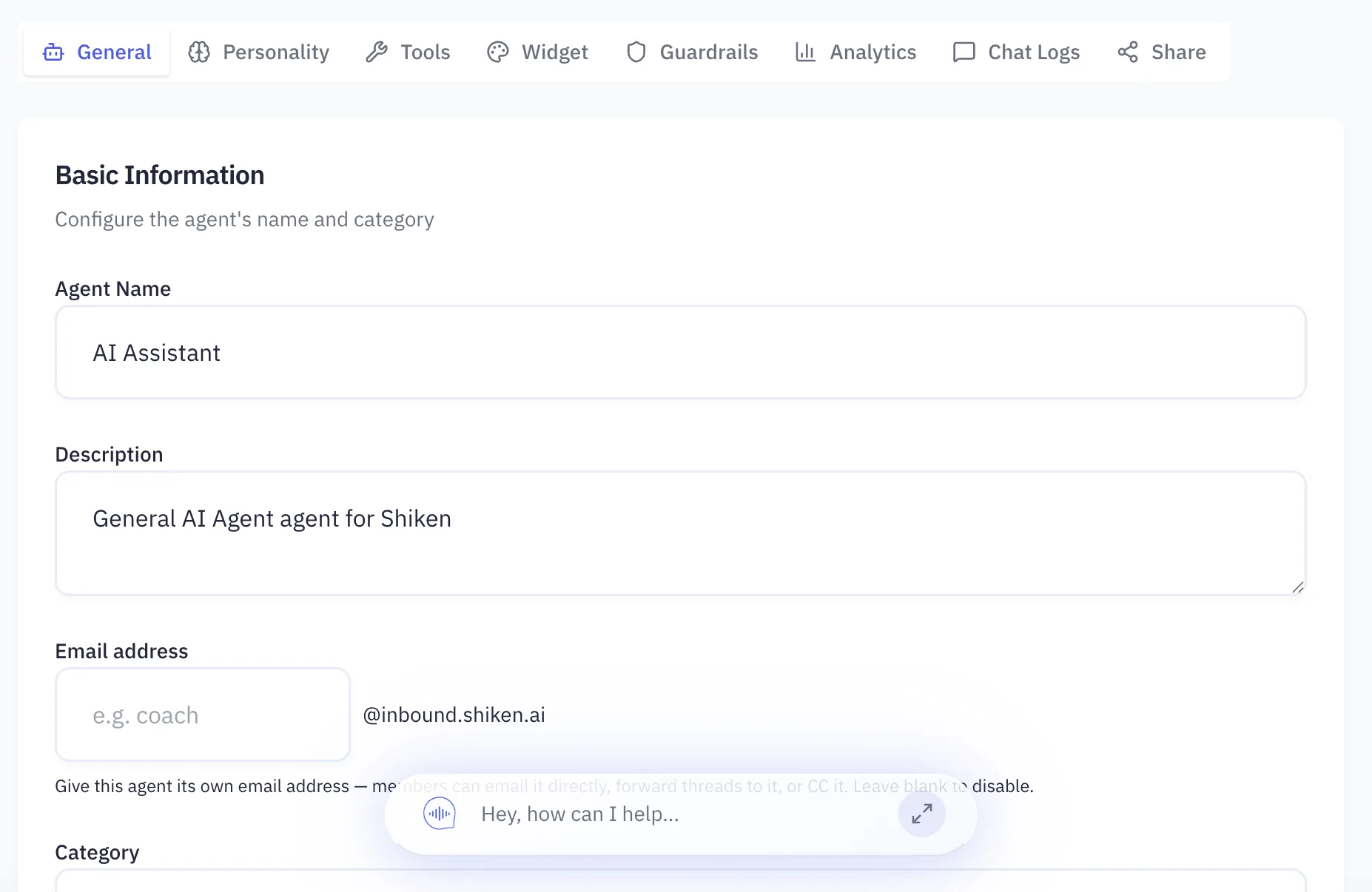 The Shiken agent builder on the General tab, setting an agent name, description and inbound email address, with further tabs for personality, tools, widget, guardrails, analytics, chat logs and sharing.