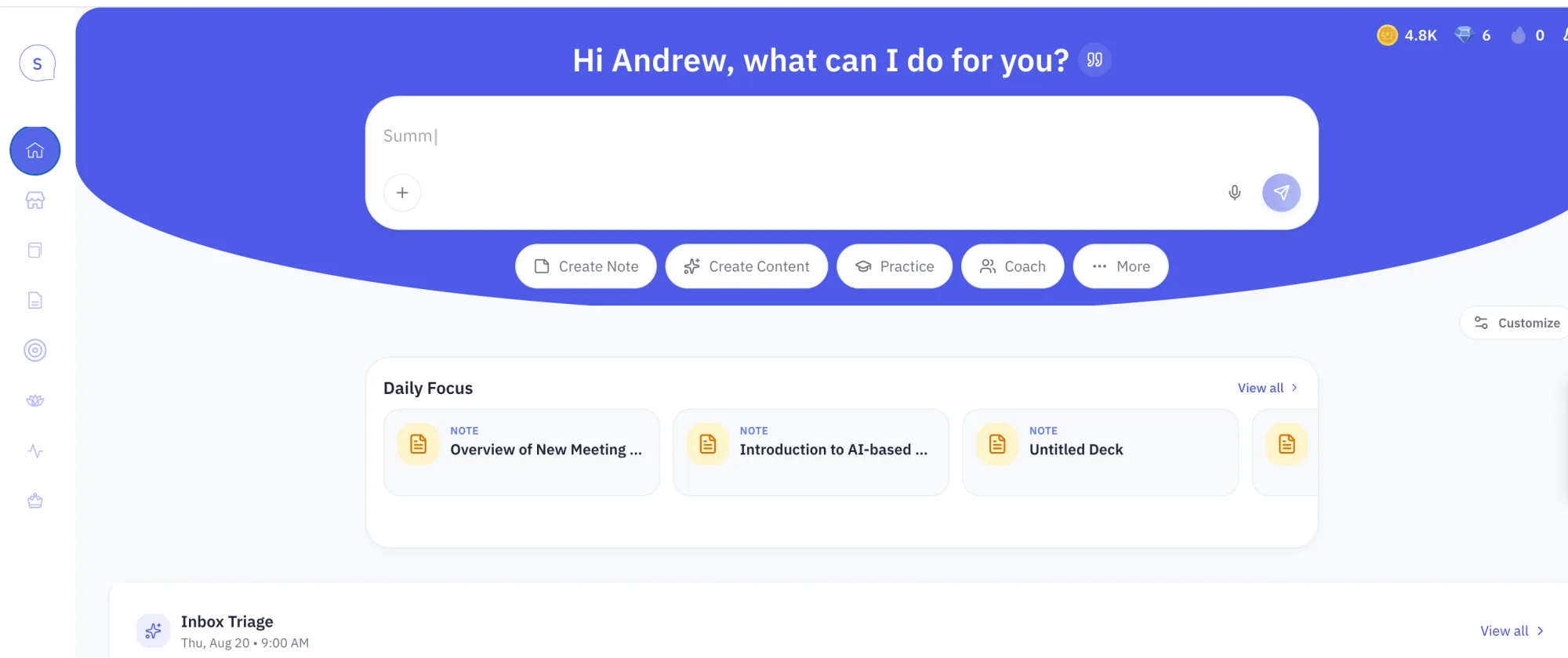 The Shiken home screen with an AI prompt box asking "Hi Andrew, what can I do for you?", quick actions for Create Note, Create Content, Practice and Coach, and a Daily Focus row of recent notes and decks.
