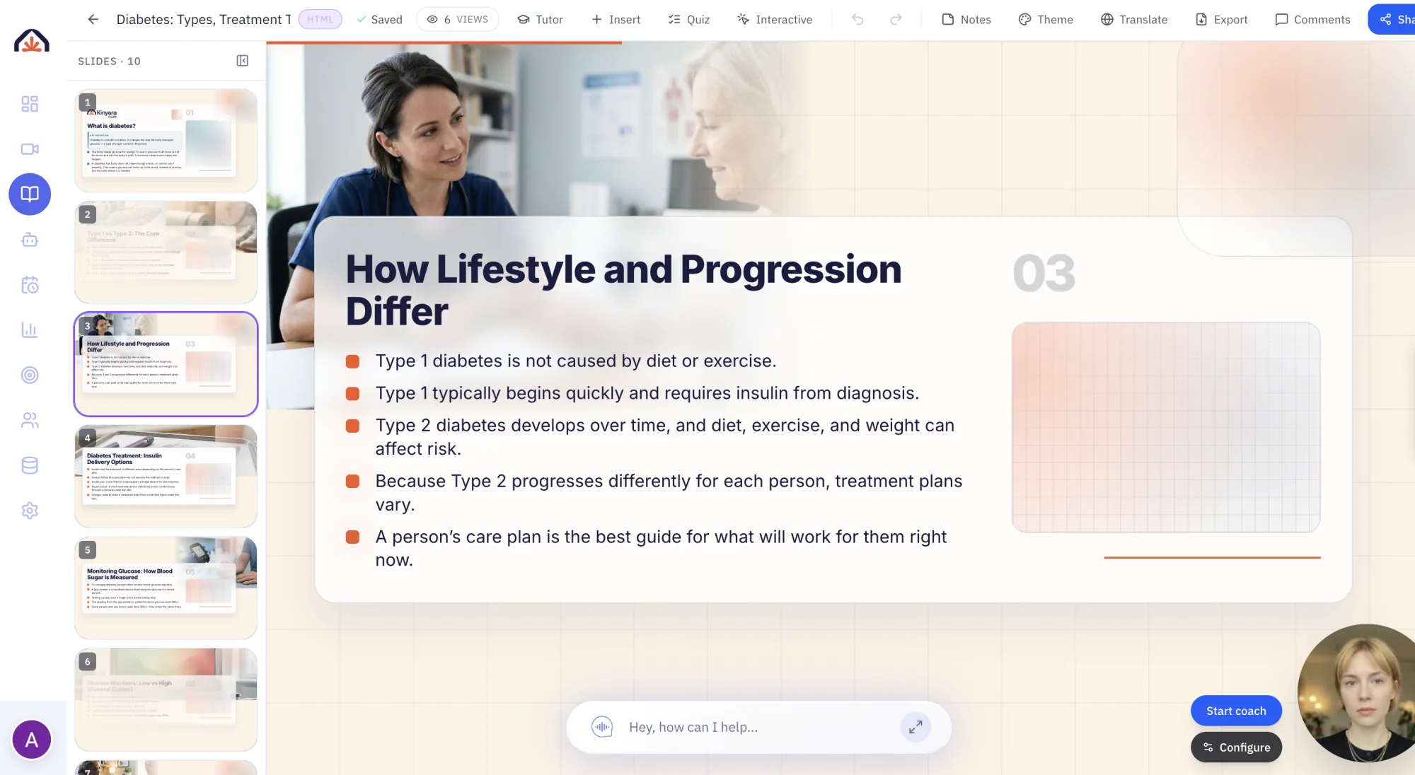 The Shiken slide editor with a ten-slide diabetes deck: a slide thumbnail rail on the left, a bulleted "How Lifestyle and Progression Differ" slide on the canvas, and an AI tutor avatar bubble in the corner.