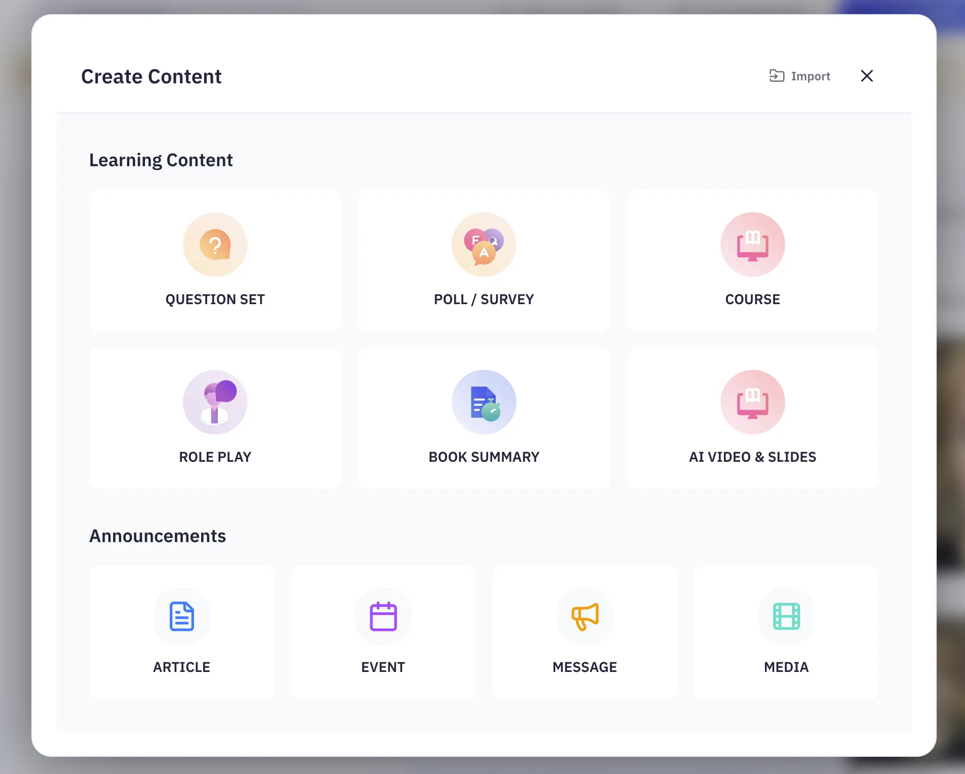 The Create Content dialog in Shiken, offering question sets, polls and surveys, courses, role plays, book summaries and AI video and slides, plus announcement types for articles, events, messages and media.