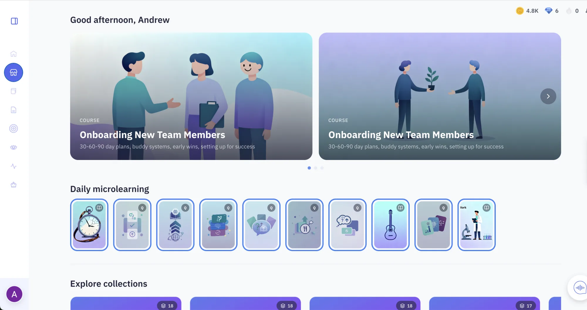 The learner Discover feed with featured onboarding courses, a Daily microlearning row of ten short illustrated lessons, and Explore collections below.
