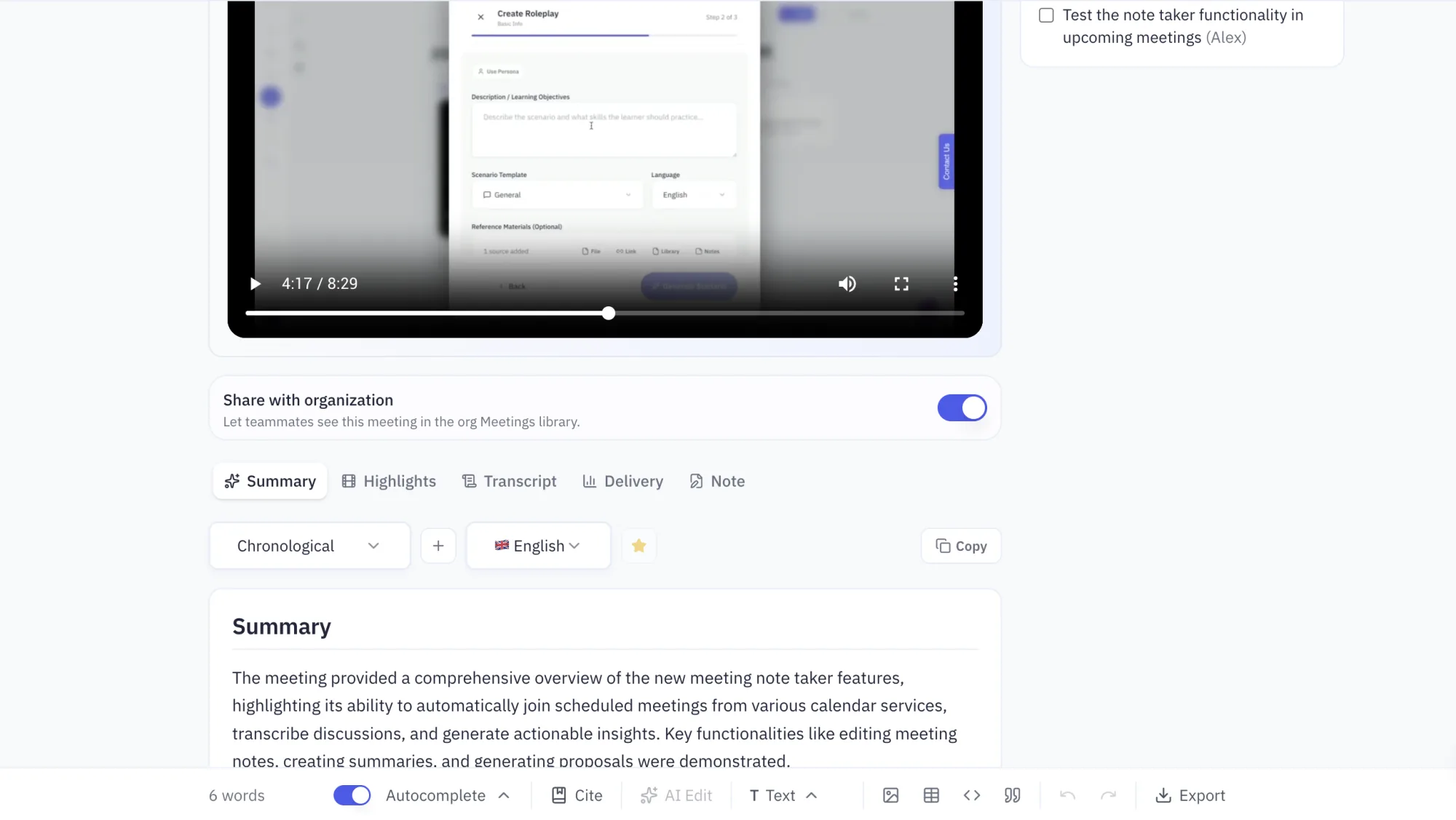 A recorded meeting in Shiken with the video playing, a share-with-organisation toggle, tabs for summary, highlights, transcript, delivery and notes, and an AI-written summary alongside extracted action items.