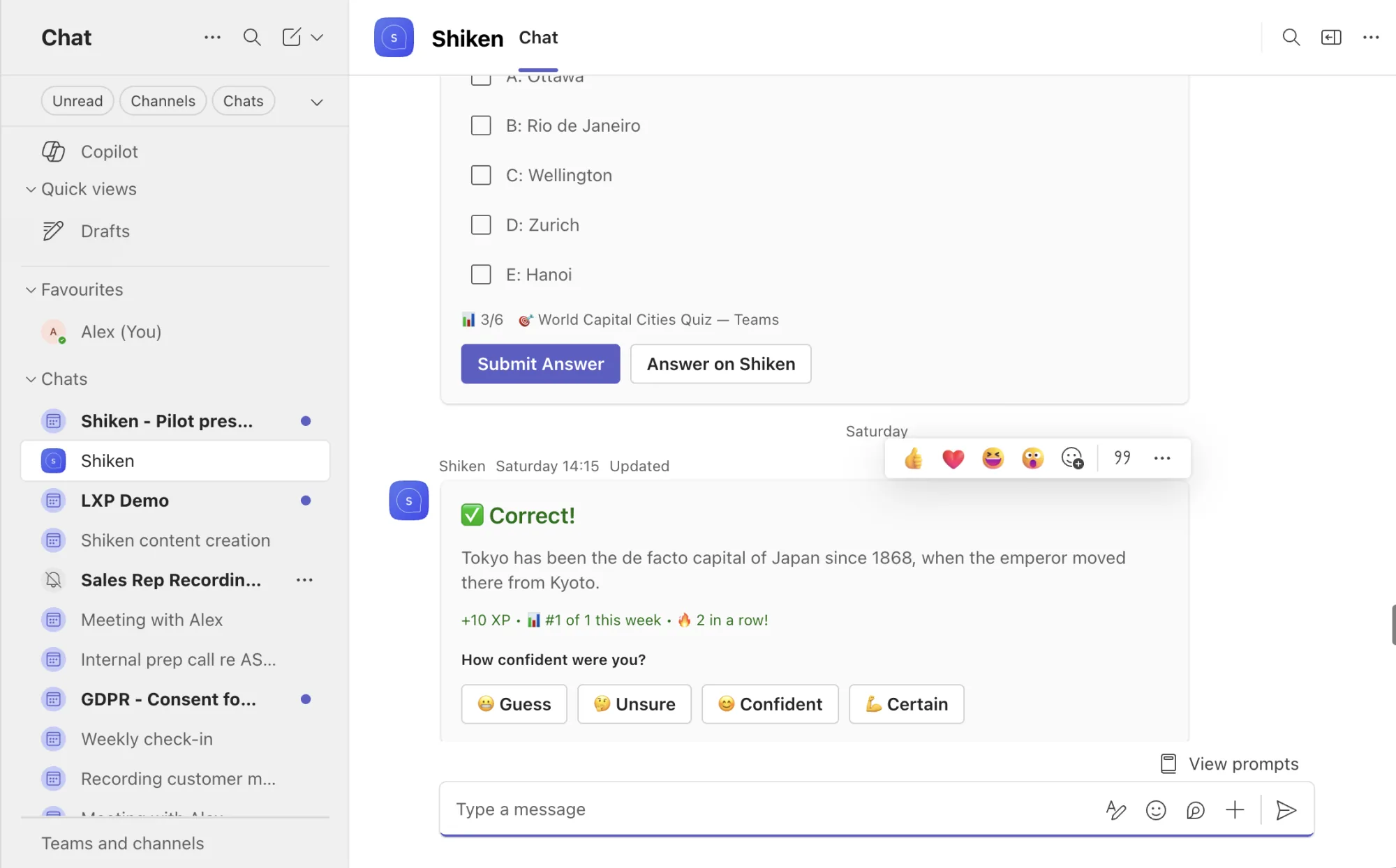 A Shiken quiz running inside a Microsoft Teams chat: multiple-choice options with a Submit Answer button, then a "Correct!" reply with an explanation, XP and streak awards, and a confidence check.